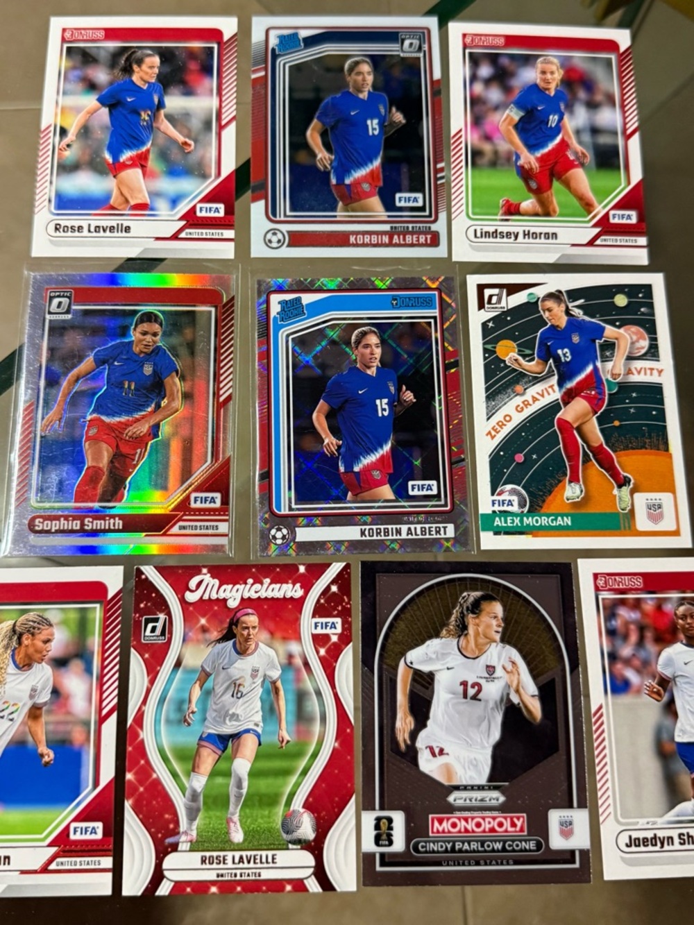 10 soccer card lot USWNT 2024 2025 2026 Optic Donruss Prizm Monopoly World Cup